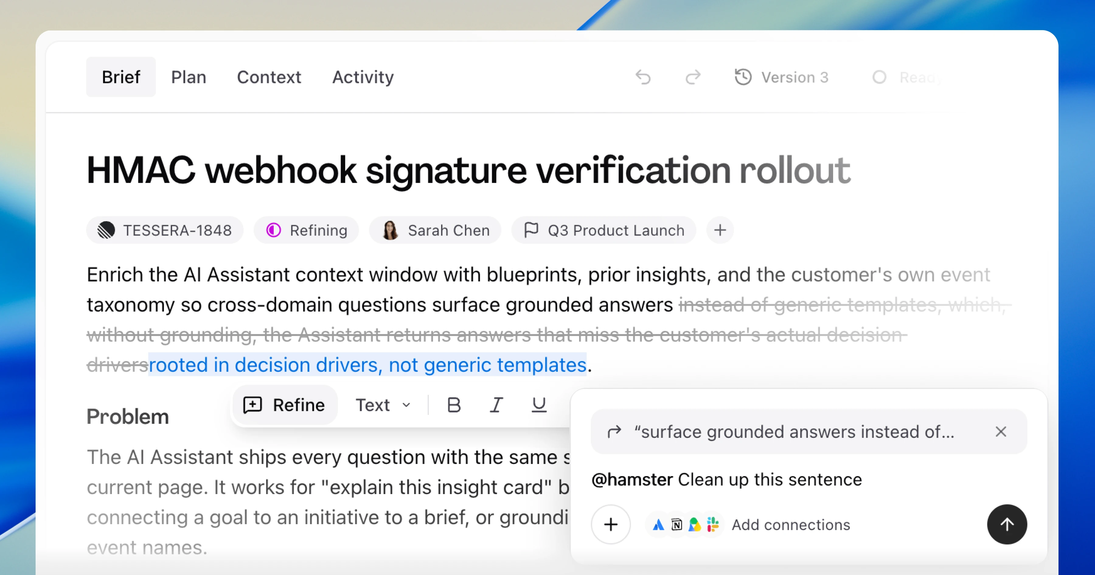 A brief in the document editor with a sentence highlighted and a Refine action floating above it, the highlighted text pinned as a quoted chip over the chat composer