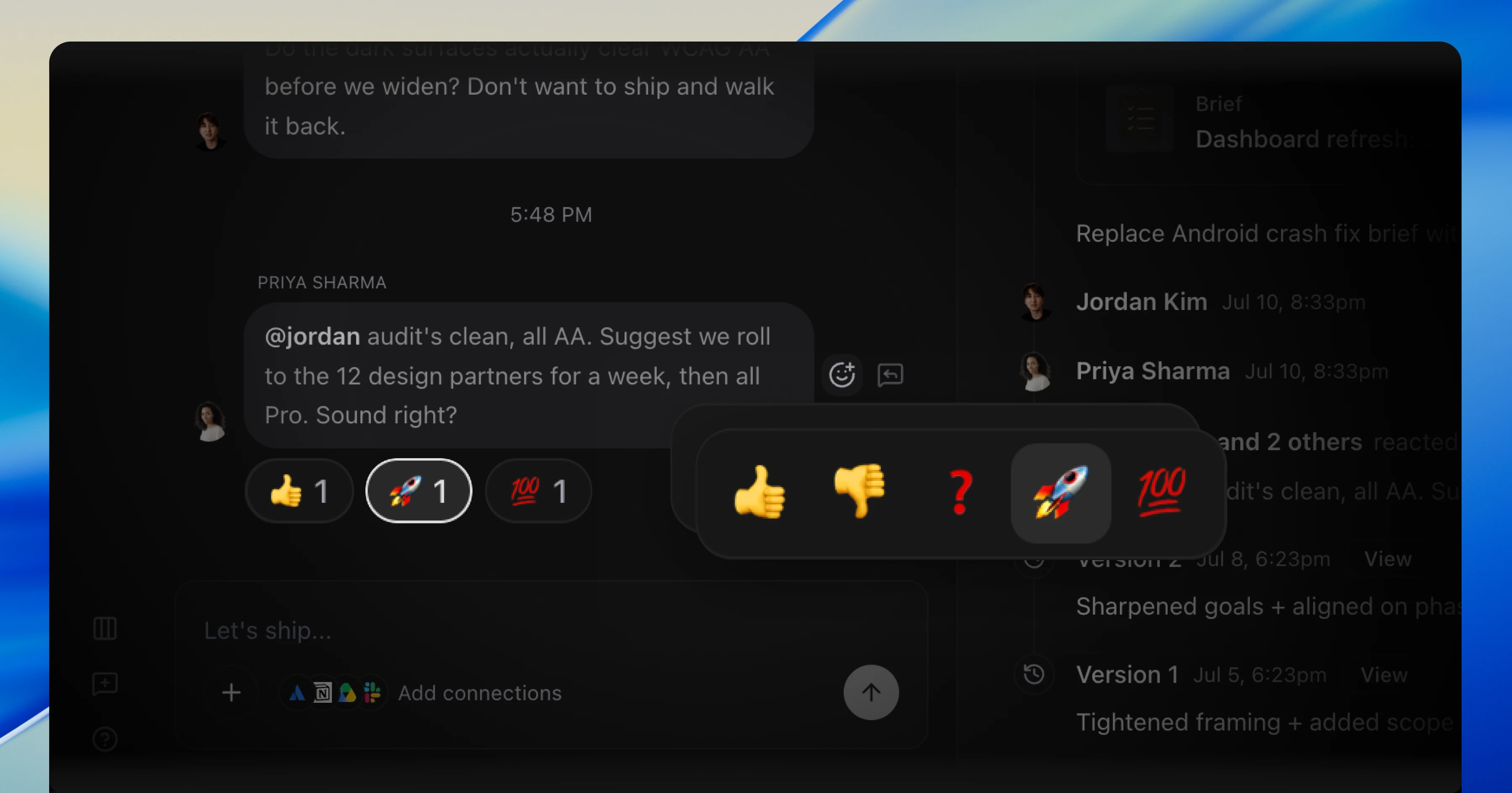 A brief's chat thread with the emoji reaction picker open above a teammate's proposal, a rocket reaction sitting beside thumbs-up and 100 pills, and the Activity timeline on the right showing who reacted next to the version history