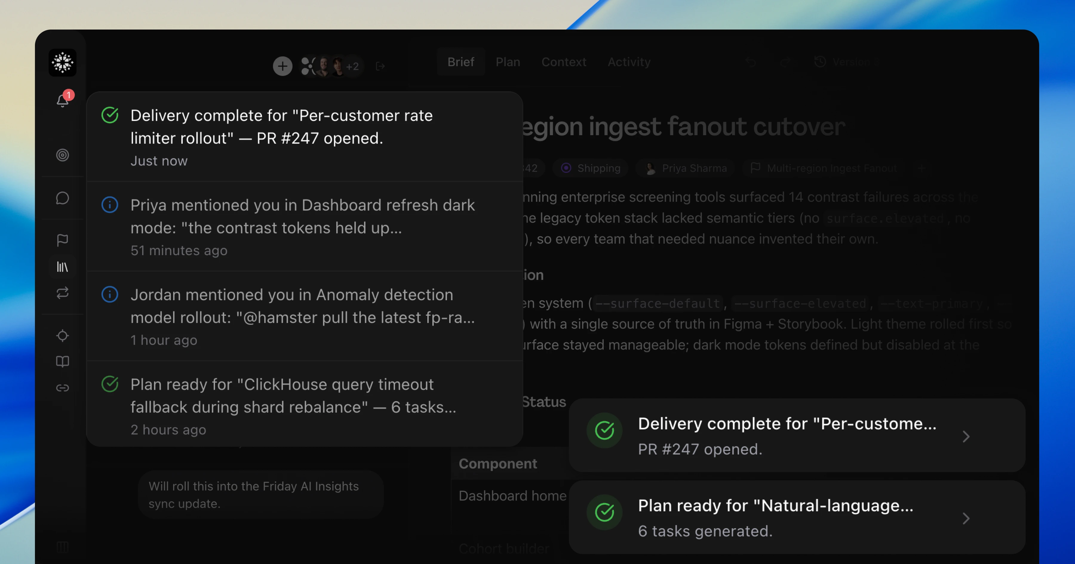 The notification bell popover open over a brief, listing finished plan and delivery runs and @mentions, with two matching notifications stacked in the corner