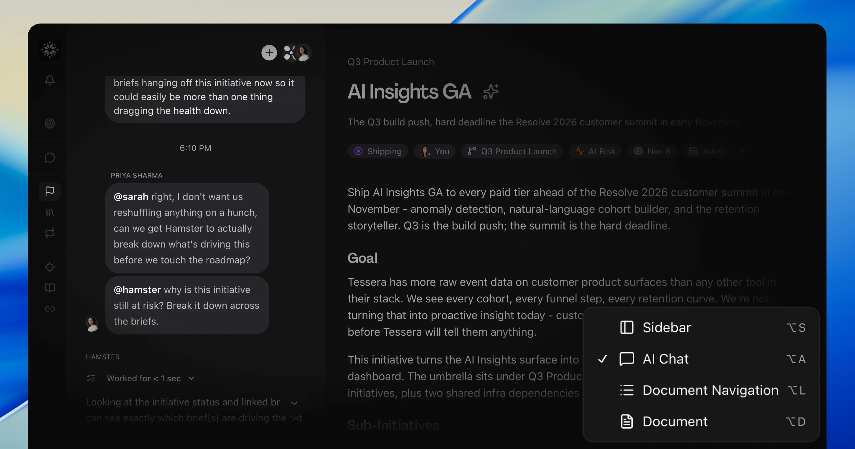 An initiative's page with the team and Hamster discussing why AI Insights GA is at risk on the left, the initiative's goal and sub-initiatives on the right, and a view menu open showing the AI Chat pane switched on
