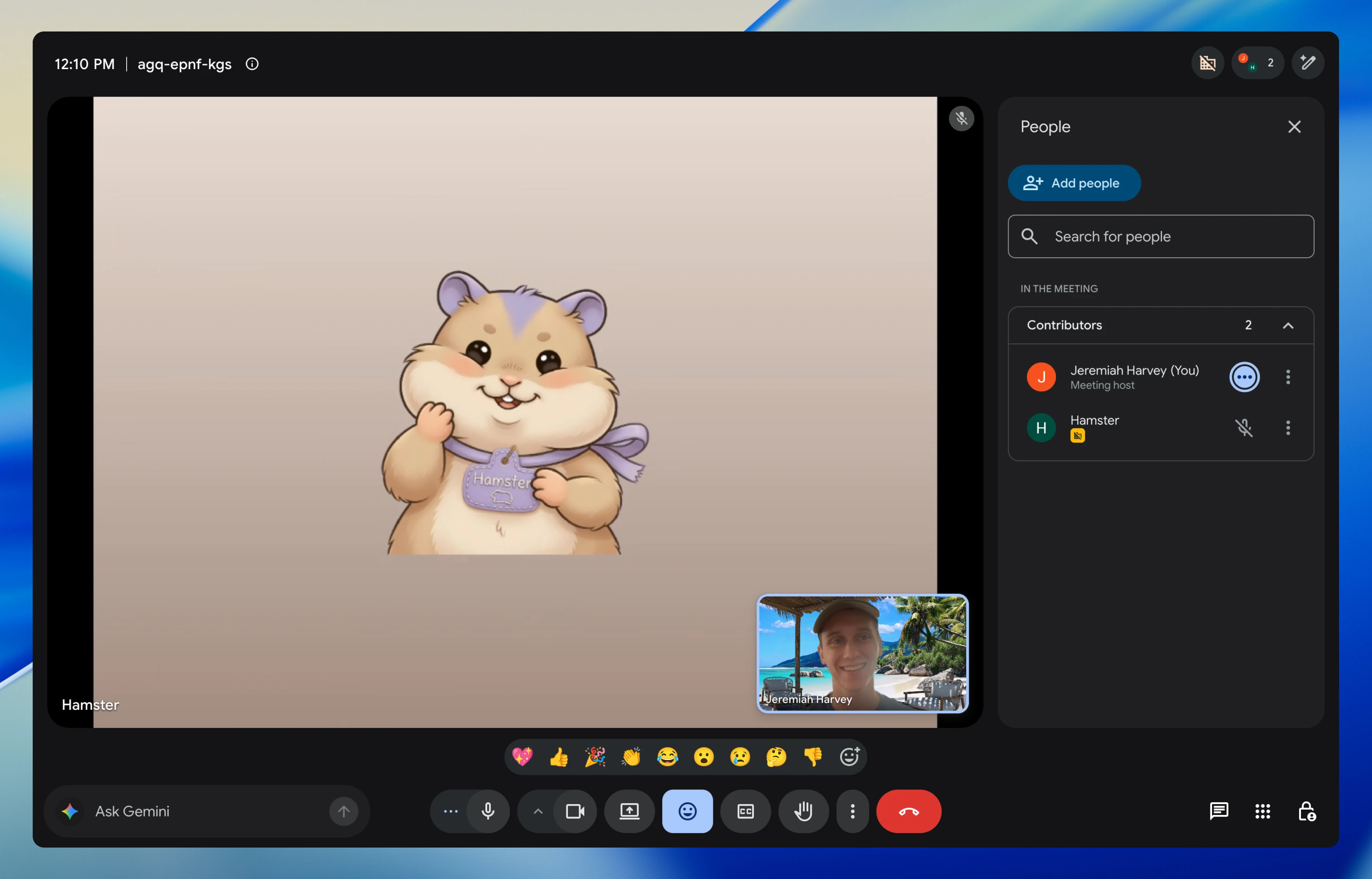 User on a Google Meet call with the People panel open on the right, where Hamster has joined as a participant and sits in the roster with its name and avatar next to the meeting host, whose camera tile stays dark. Hamster appears in the roster the same way every other attendee does, indicating it is present in the meeting to listen as the conversation unfolds and capture decisions and next steps on its own.