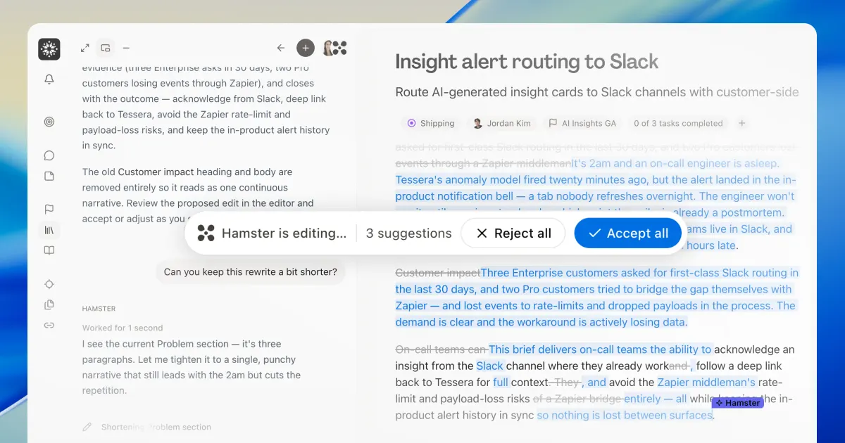 Hamster editing a document beside its chat, where a request to shorten the rewrite streams in as pending insertions and deletions, with three suggestions and Accept all waiting in the review bar