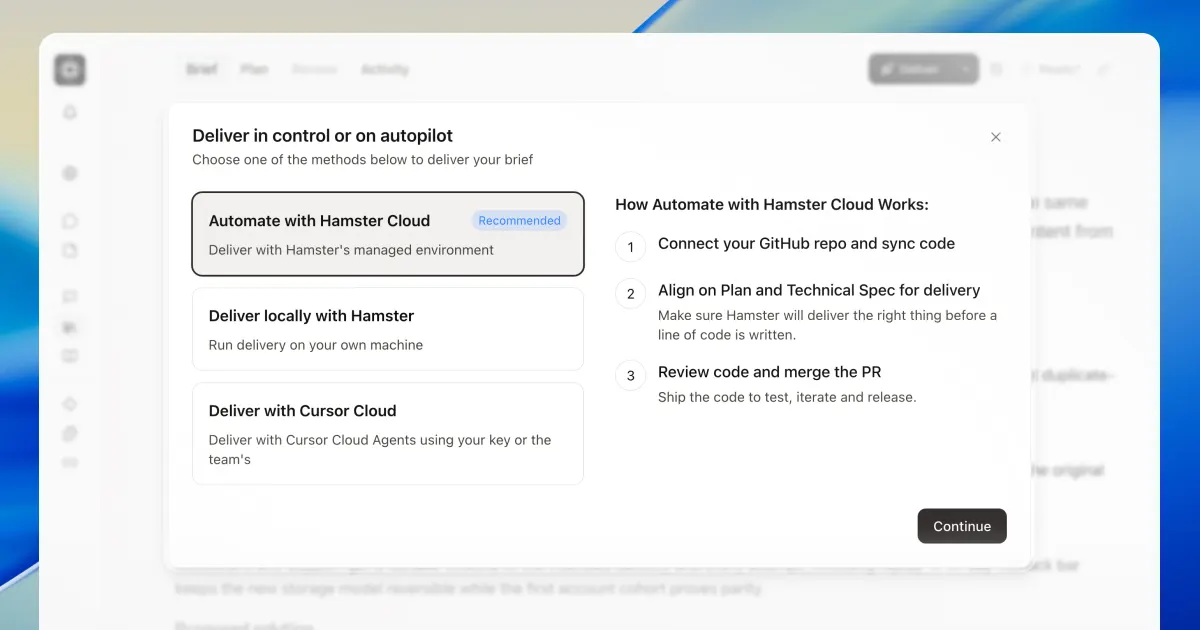 The Deliver dialog open over a brief, with Automate with Hamster Cloud selected as the recommended method beside the three steps it runs: connect the GitHub repo, align on the plan and technical spec, then review and merge the pull request