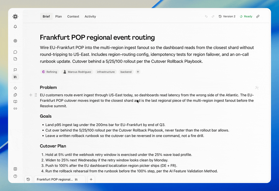 User on a brief where the team's decision thread sits open in one window of the floating, global chat, the launch blockers still unreconciled. They open a second floating window and delegate to Hamster, asking which blocker to clear first to move the work forward and why. Hamster reads the brief and the on-screen thread and streams back a prioritized, numbered recommendation, sequencing the work without pulling the team thread out of view. The scene ends with both windows open side by side, the team conversation on one and Hamster's landed recommendation on the other, indicating the floating, global chat lets you run a parallel workstream with the assistant while the team's discussion stays live beside it.