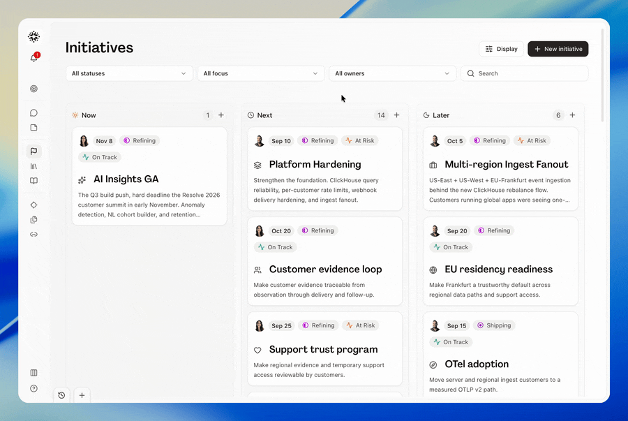 User on the Initiatives page uses the Kanban board to drag initiatives between the Now, Next, and Later focus lanes, then opens Display to regroup the same work by health and moves cards between those lanes. The scene ends with the board reflecting the updated priorities and health states, indicating teams can reorganize Initiative focus and health directly from one planning surface.