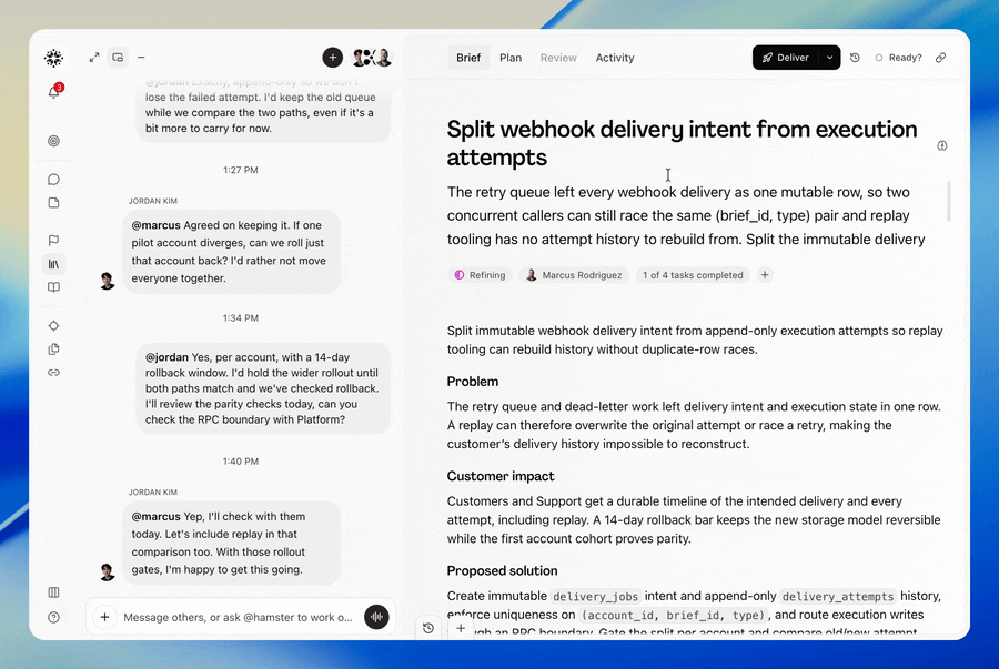 User on a brief chooses Automate with Hamster Cloud, with Auto Approve the Technical Spec and Auto Deliver the Plan enabled, then clicks Deliver My Brief. Hamster streams tasks and subtasks into the plan, and the Plan tab then shows a delivered brief with all tasks completed and a linked GitHub pull request. User opens the pull request in Review and switches to Changes to inspect the code diff. The scene ends with the changes ready for review, indicating Hamster takes a brief through the spec, plan, and coding without the user having to advance each stage, leaving them free to focus on other work.