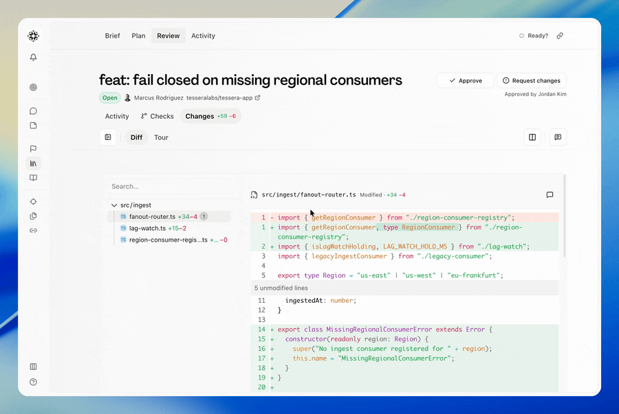 User on the Review tab of a brief switches from Diff to Tour to read an overview and review guidance alongside the changed code. They expand a section, scroll through the inline diffs, and open the comments panel. The scene ends with teammate discussion beside the code, indicating reviewers can follow the reasoning behind a pull request and inspect feedback without leaving the brief.